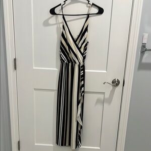 LOFT Black, Tan & White Sleeveless Maxi Sundress with Plunge Neckline